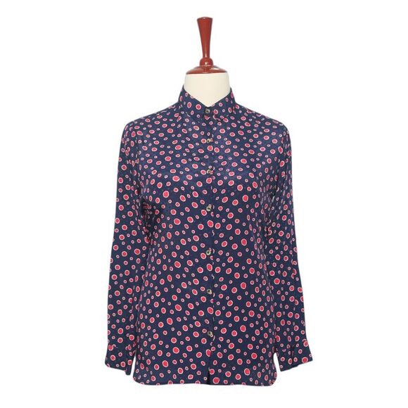 Womens Silky Satin Shirt Blue Red Polka Dot Blouse Button Up Dressy Top Medium - Picture 1 of 7